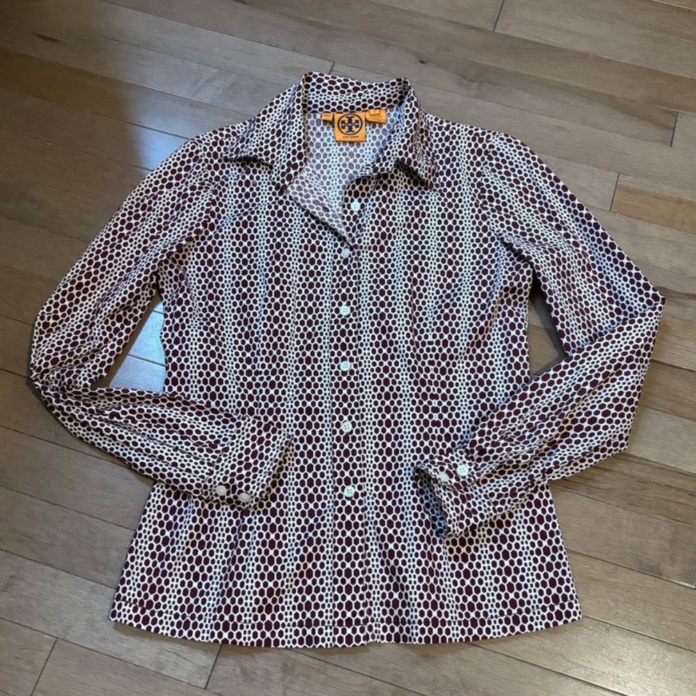 Tory Burch Long Sleeve Button Down Purple and White 96% cotton shirt size 2